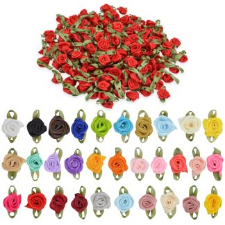 15mm Satin Ribbon Roses with Leaves