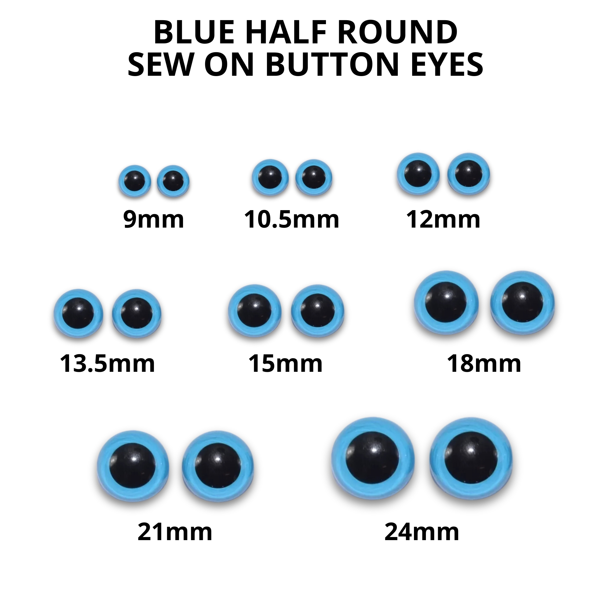 Sew On - 10.5mm Blue Half Round Button Eyes for Teddy Bear/Animal Soft Toy Making - Image 3