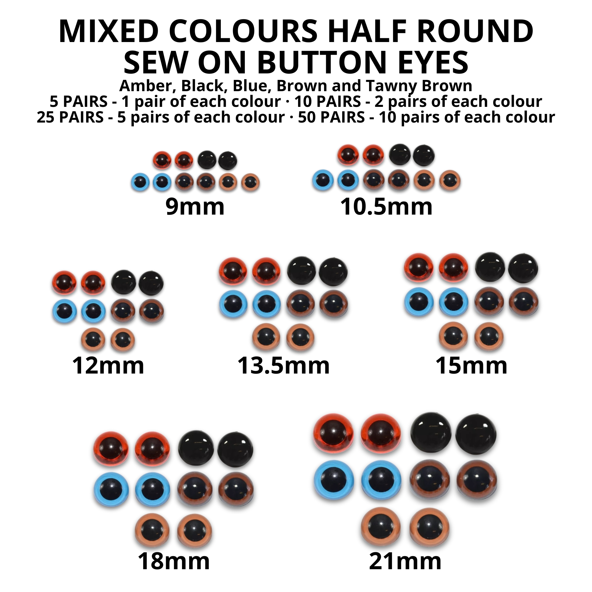 Sew On - 15mm Mixed Colours Half Round Button Eyes for Teddy Bear/Animal Soft Toy Making - Image 3
