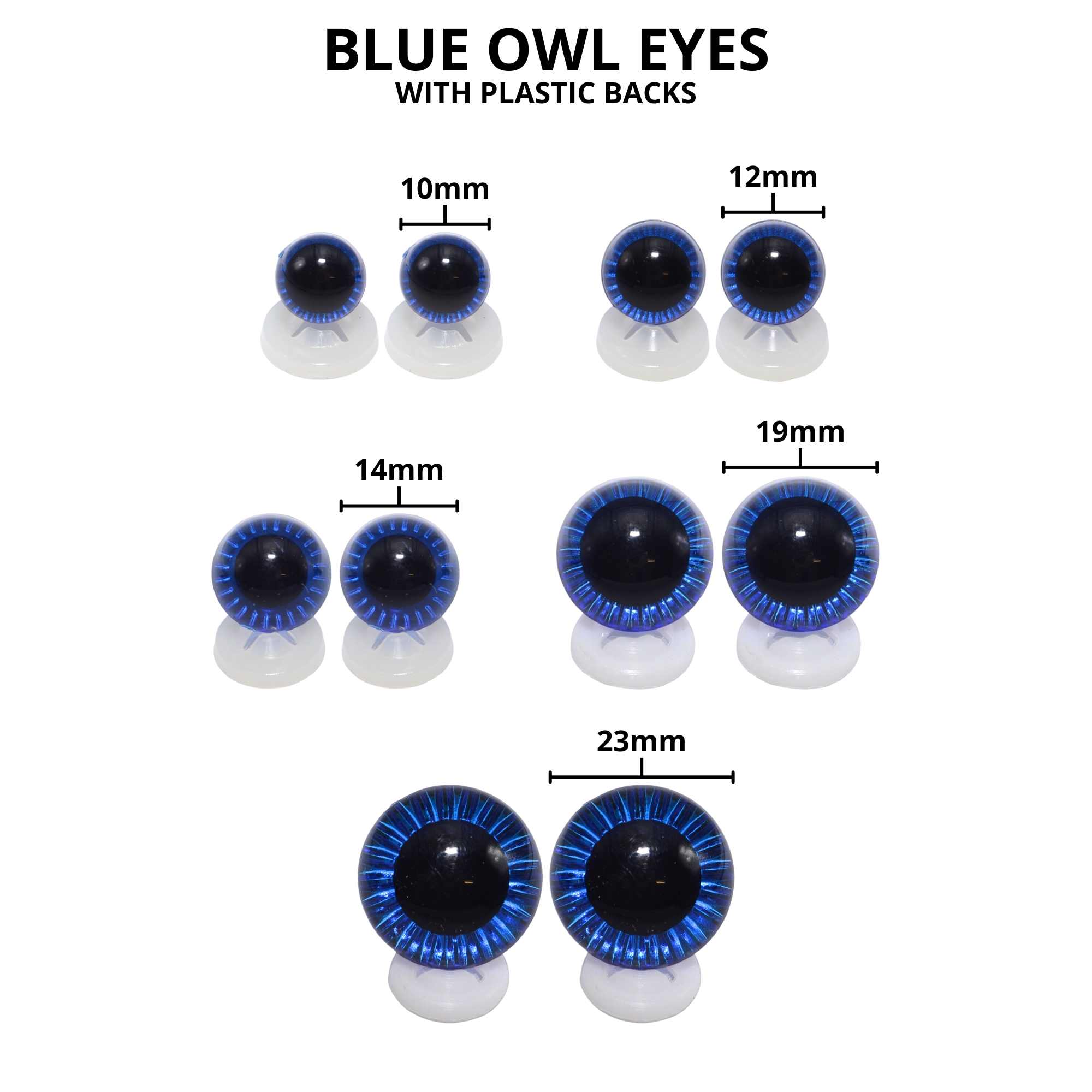 12mm Blue Owl Eyes with Plastic Backs - Image 3