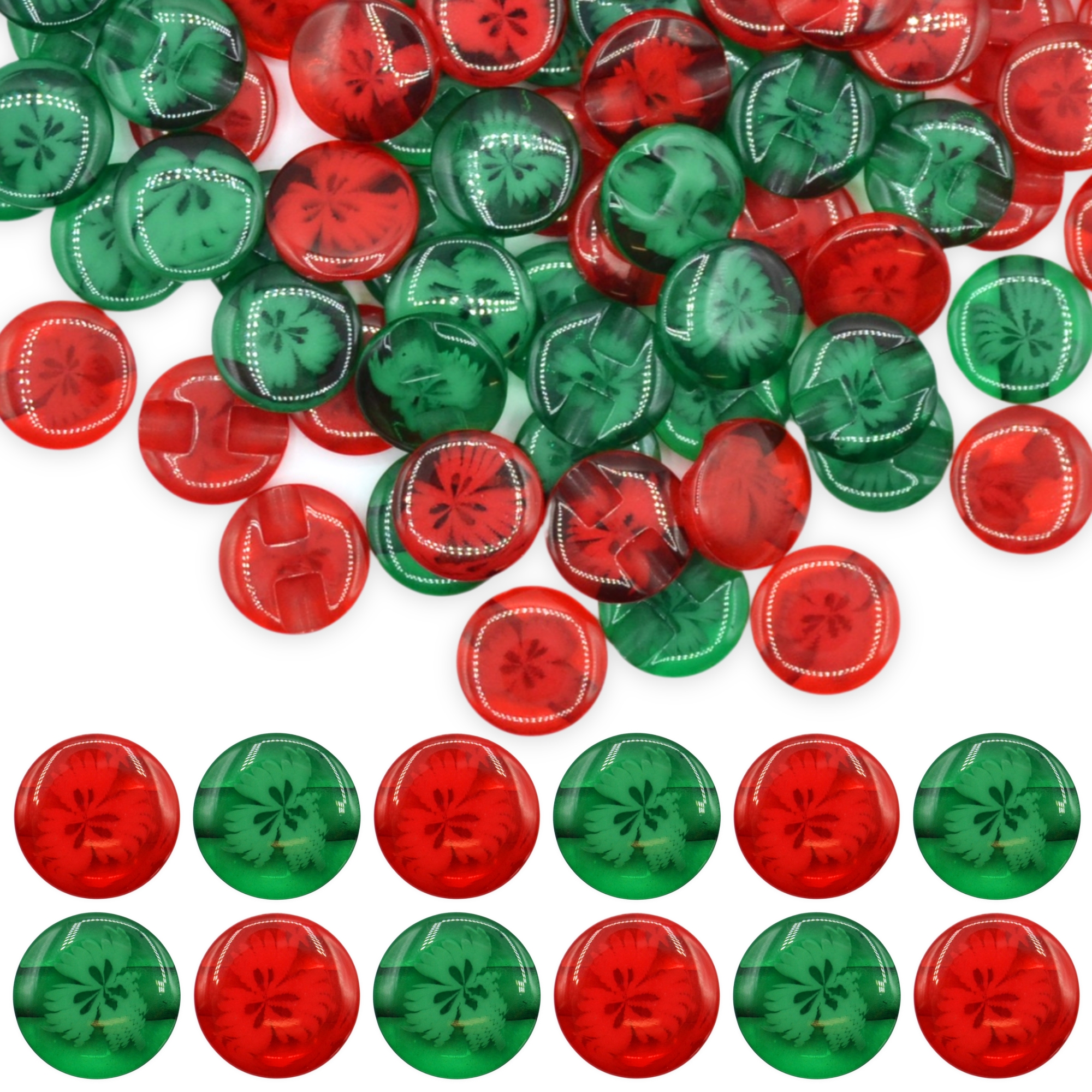 14mm Red & Green Transparent Flower Resin Buttons