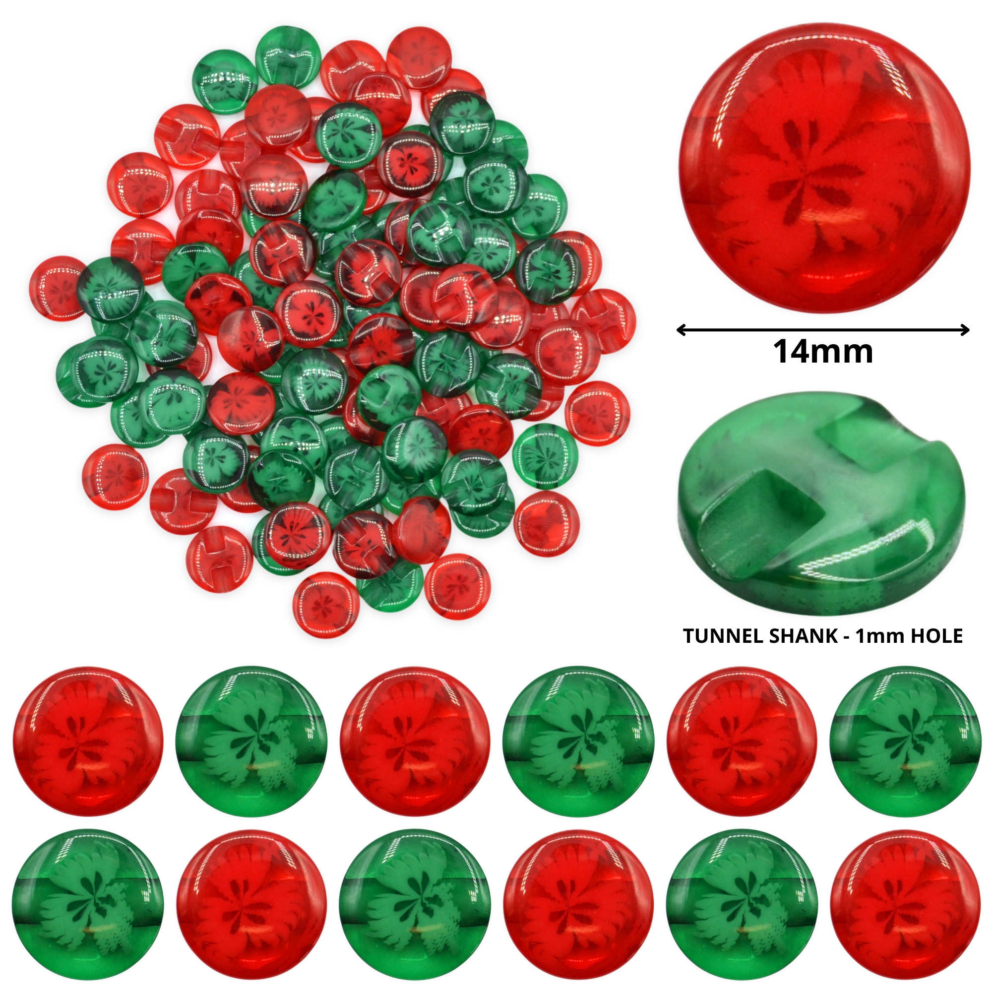 14mm Red & Green Transparent Flower Resin Buttons - Image 2