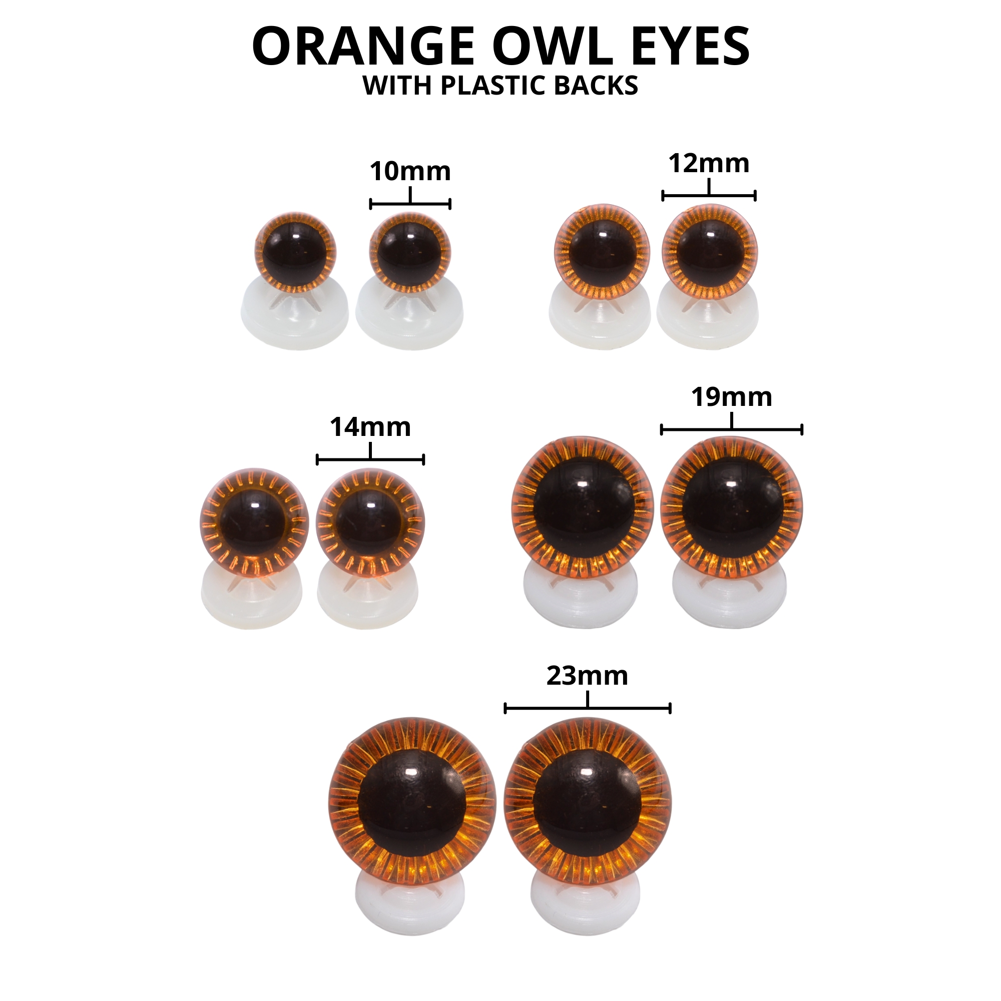 12mm Orange Owl Eyes with Plastic Backs - Image 3