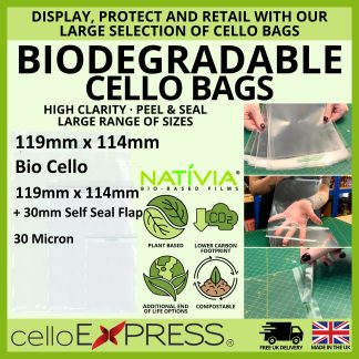 Biodegradable 119mm x 114mm + 30mm Self Seal Flap – Bio 4.5″ x 4.5″ – PLA Greeting Card Display Bags 30 Micron – Square Small Cello