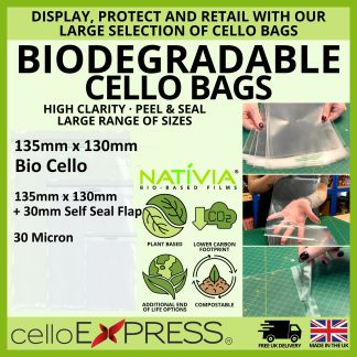 Biodegradable 135mm x 130mm + 30mm Self Seal Flap – Bio 5″ x 5″ – PLA Greeting Card Display Bags 30 Micron – Square Small Cello