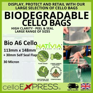 Biodegradable A6 - 113mm x 148mm + 30mm Self Seal Flap - Bio PLA Artists Display Cellophane Bags 30 Micron - Small Cello
