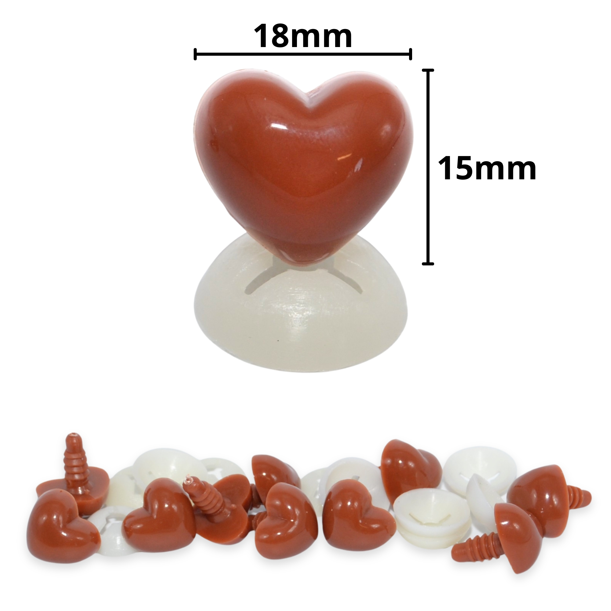 18mm x 15mm Brown Heart Noses with Plastic Backs