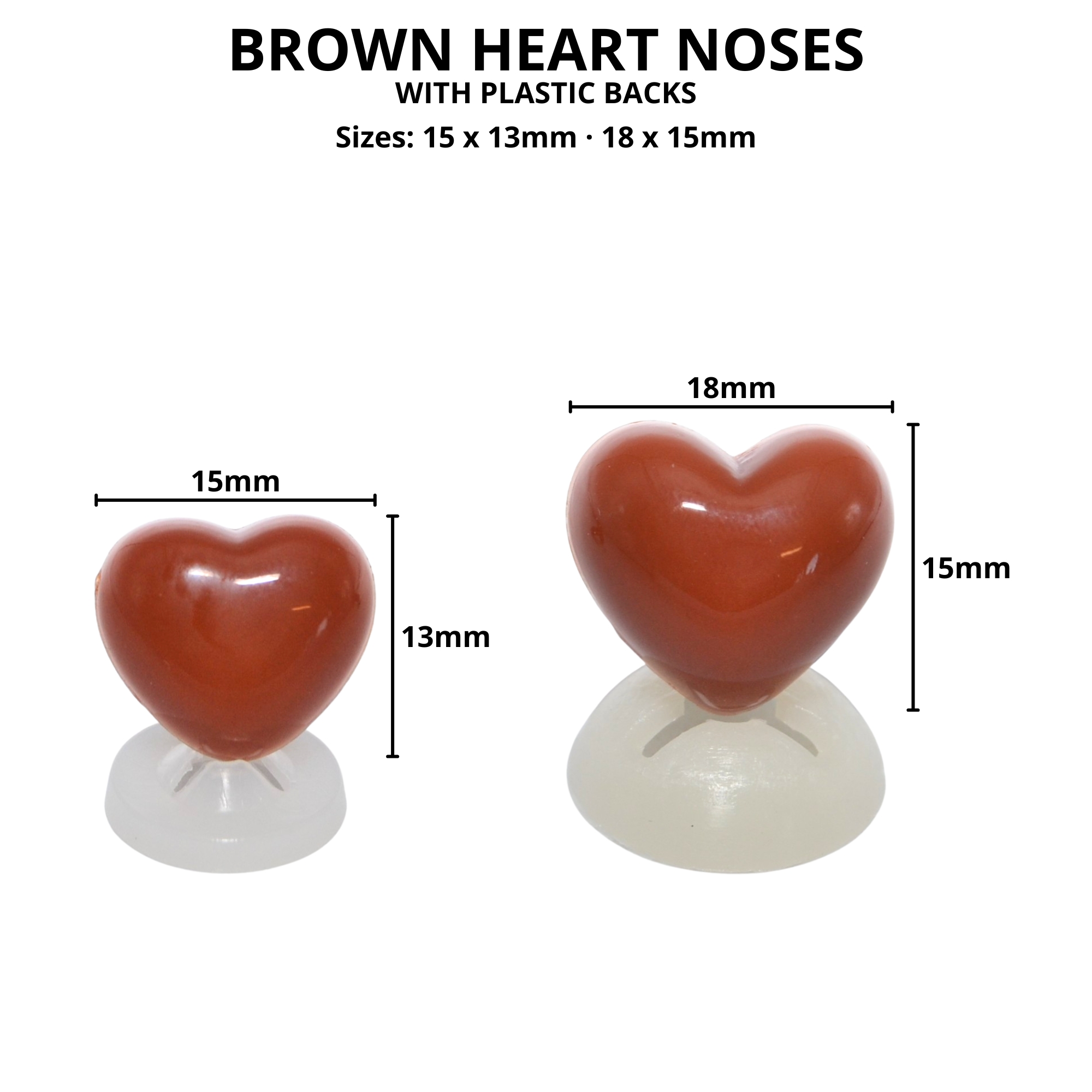 15mm x 13mm Brown Heart Noses with Plastic Backs - Image 2