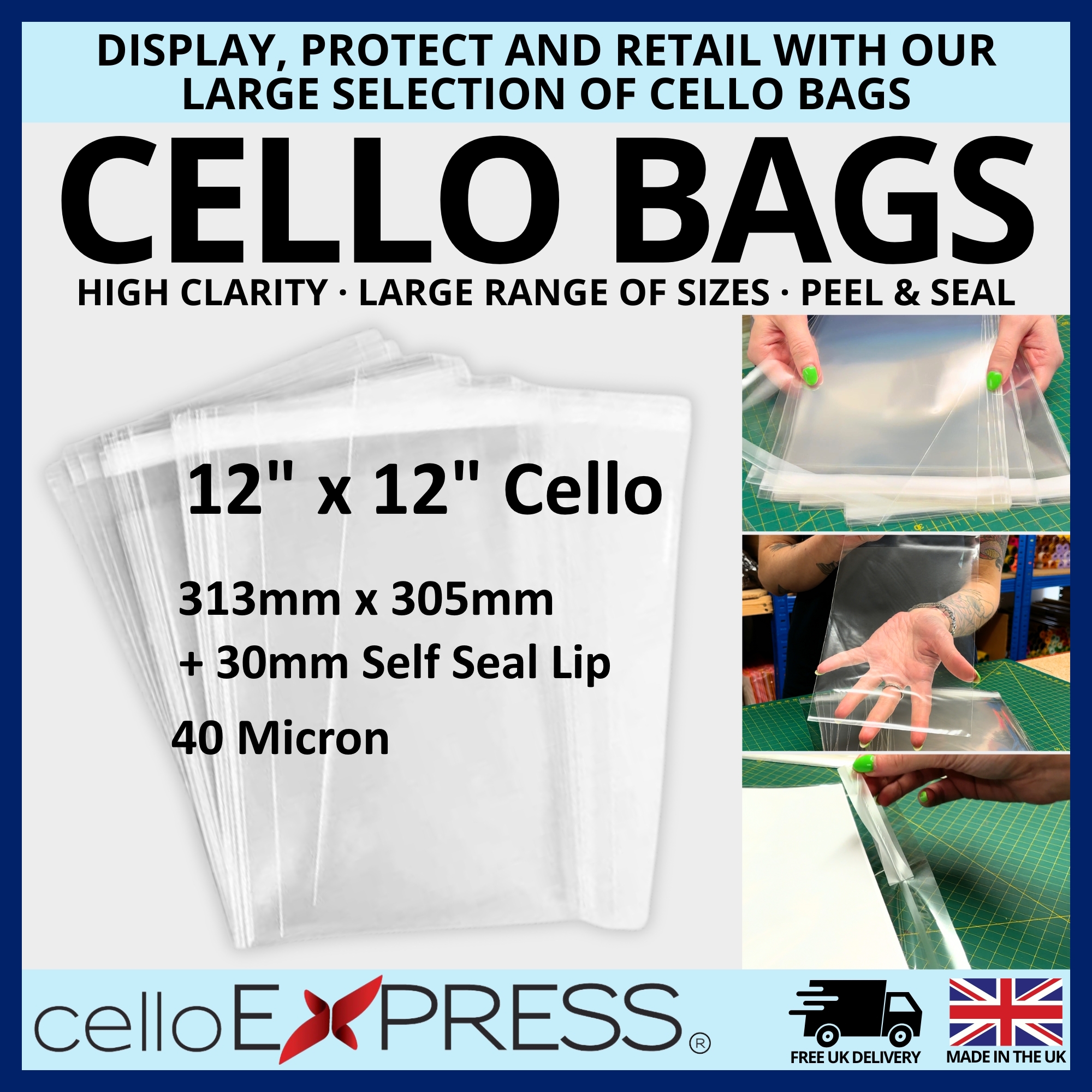 12" x 12" 313mm x 305mm Photo Mount Cello Bags - Self Seal Cellophane Display - Image 2