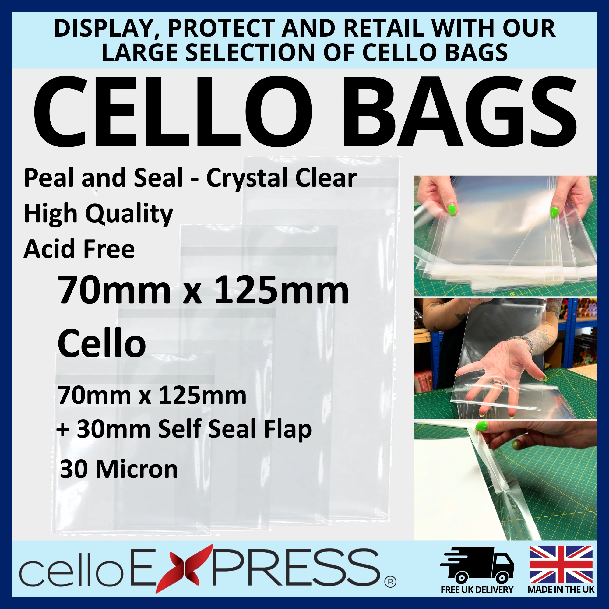 70mm x 125mm + 30mm Flap - Cellophane Clear Display Bags 30 Micron Self Seal - Small Cello - Image 4