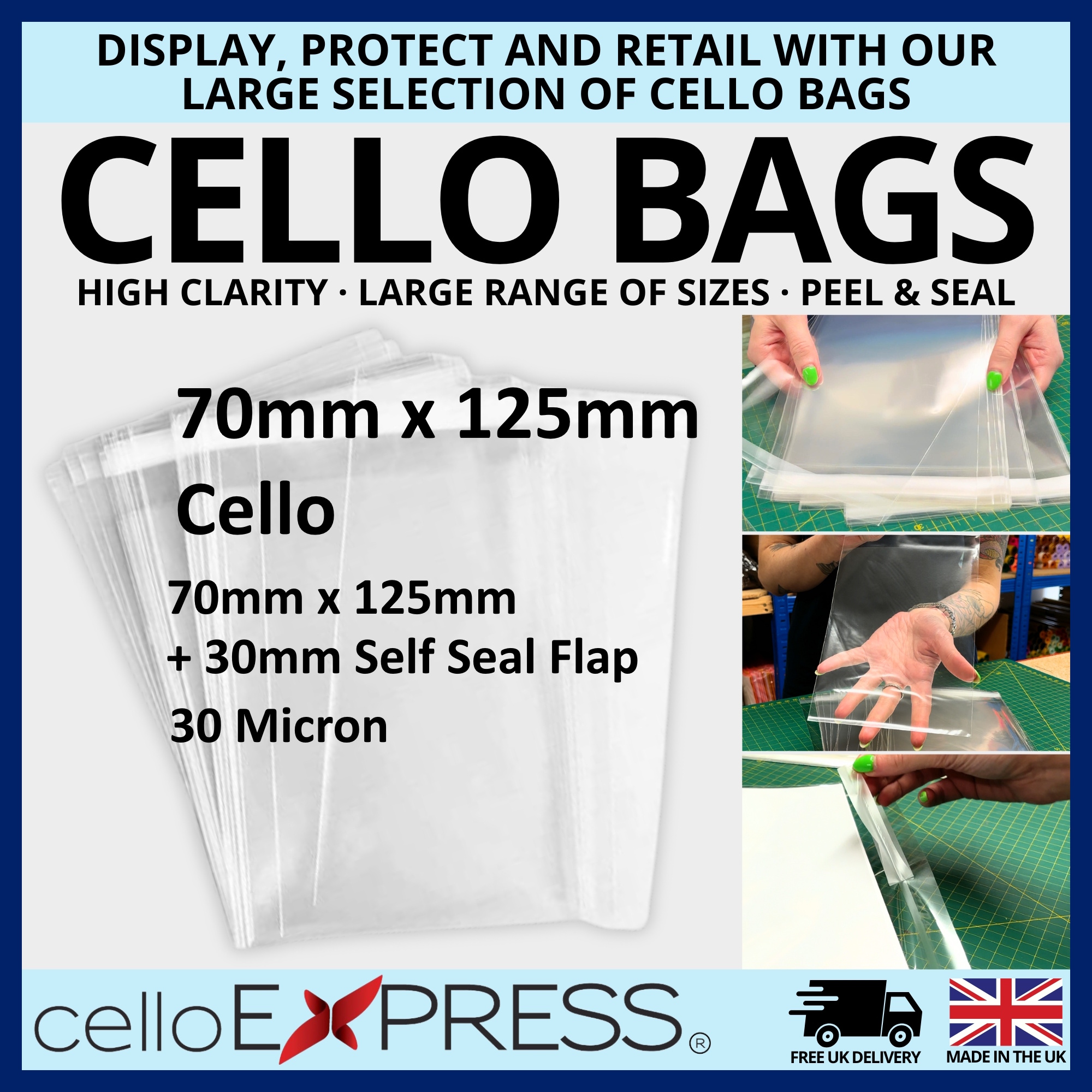 70mm x 125mm + 30mm Flap - Cellophane Clear Display Bags 30 Micron Self Seal - Small Cello