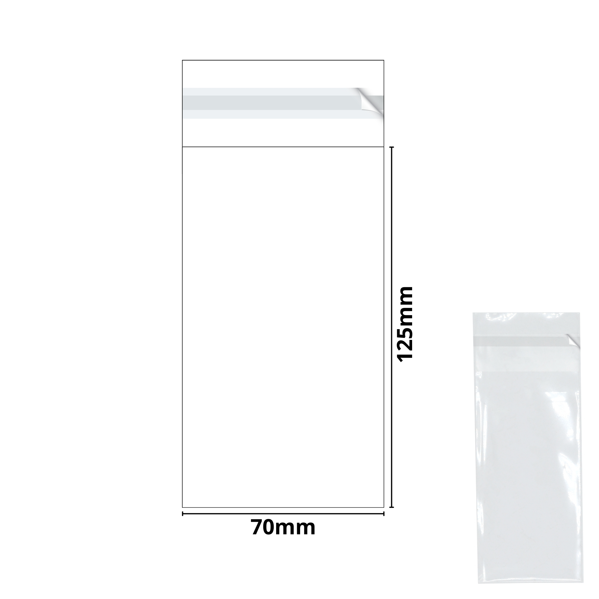 70mm x 125mm + 30mm Flap - Cellophane Clear Display Bags 30 Micron Self Seal - Small Cello