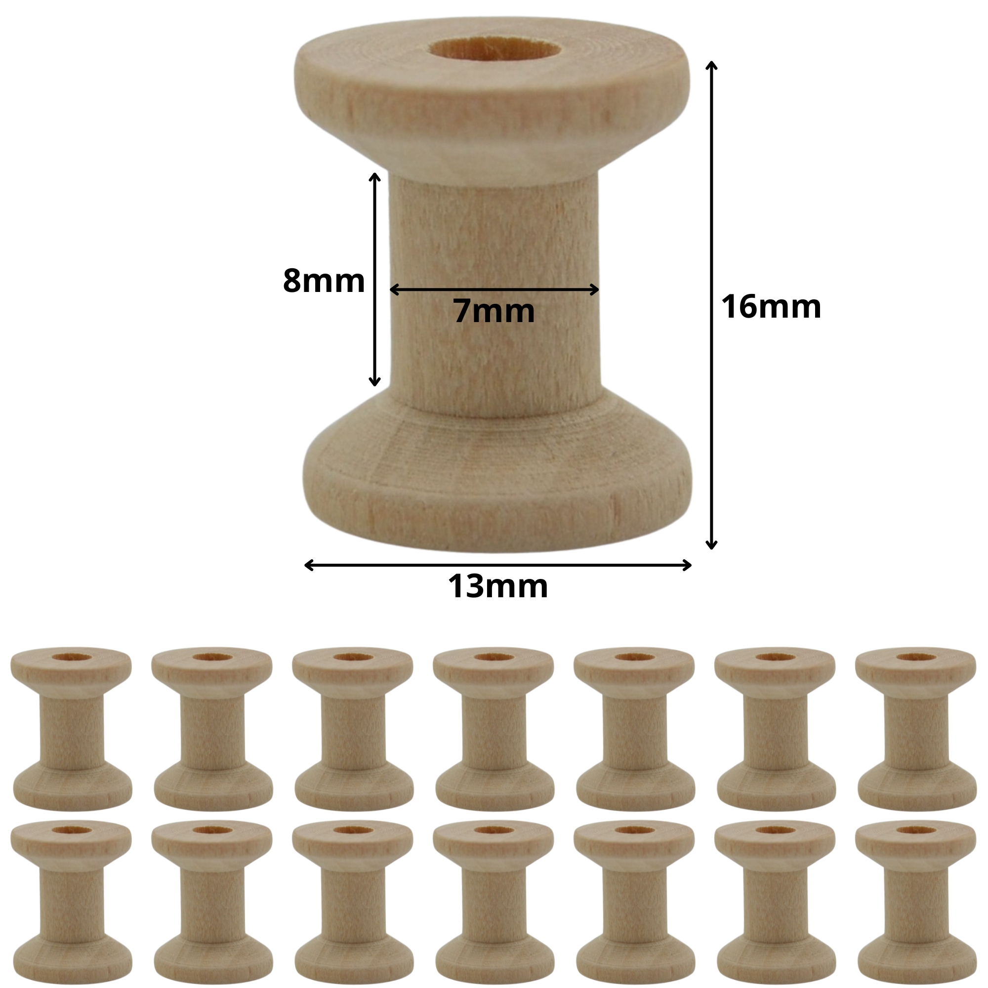 13mm x 16mm Natural Wooden Spools Empty Bobbins - Image 2