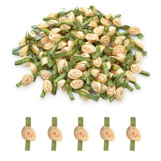 12mm Buttermilk #644 with Green Leaves Satin Ribbon Roses