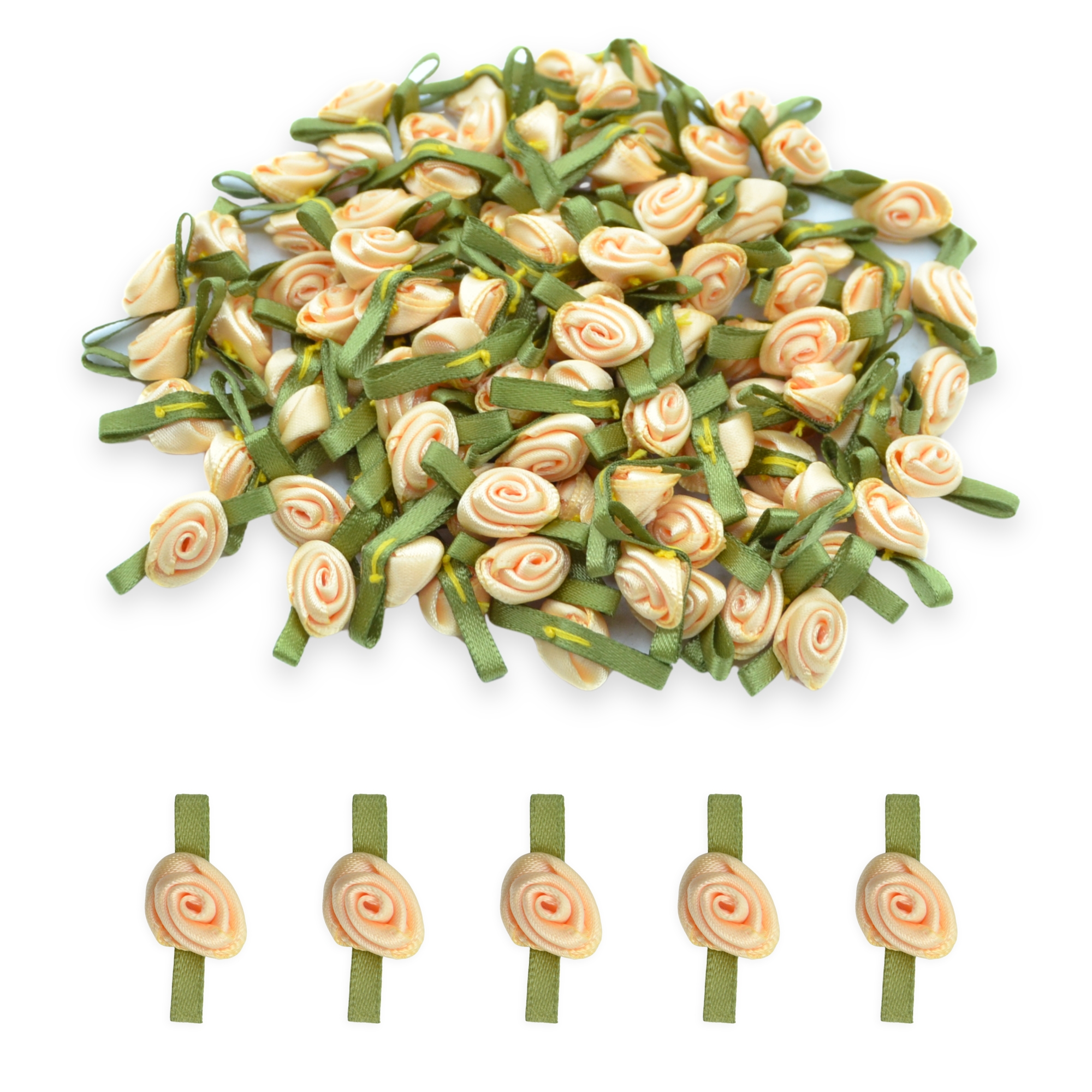 12mm Buttermilk #644 with Green Leaves Satin Ribbon Roses