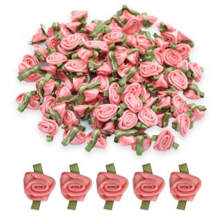 12mm Coral #238 with Green Leaves Satin Ribbon Roses