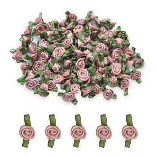 12mm Light Dusky Pink #161 with Green Leaves Satin Ribbon Roses