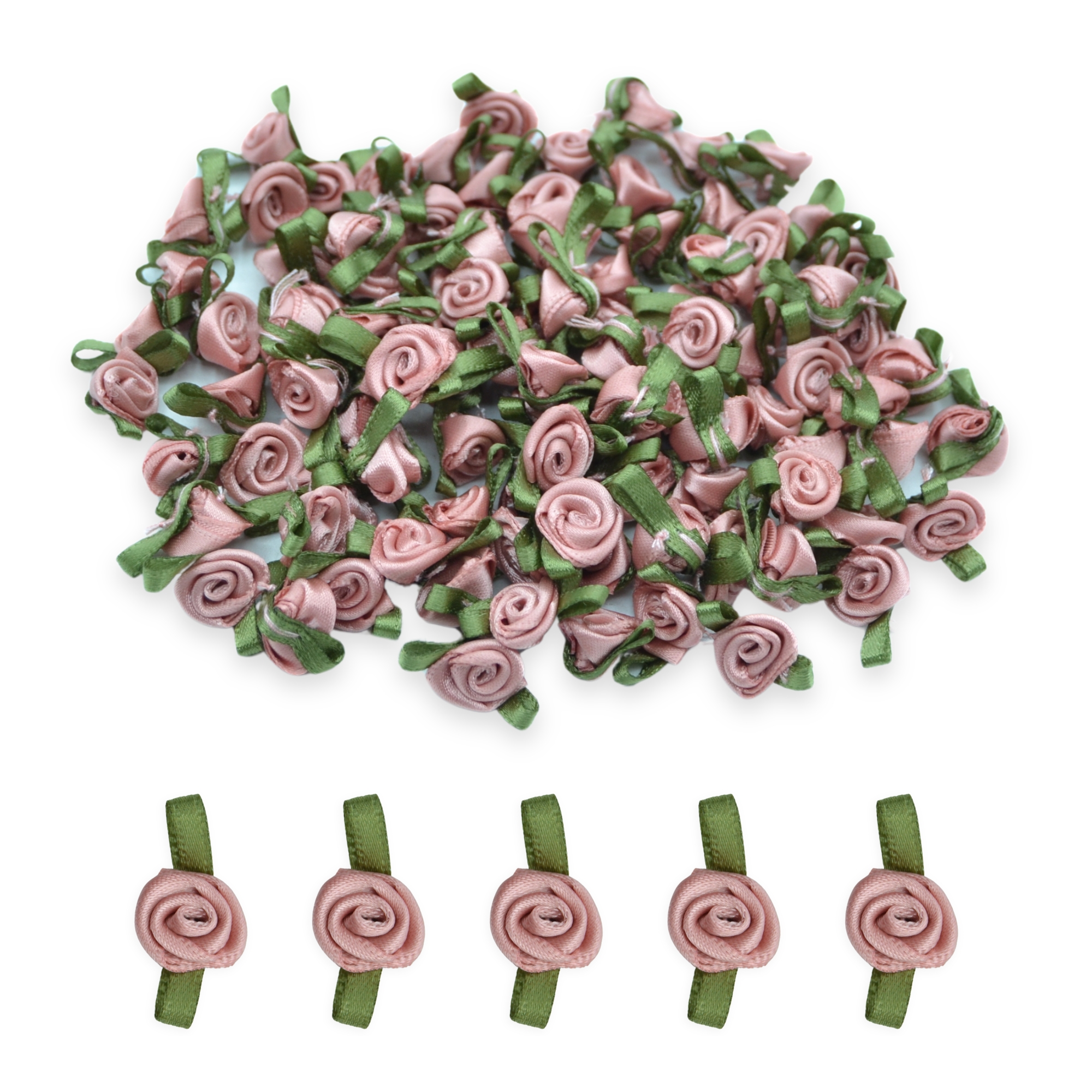 12mm Light Dusky Pink #161 with Green Leaves Satin Ribbon Roses