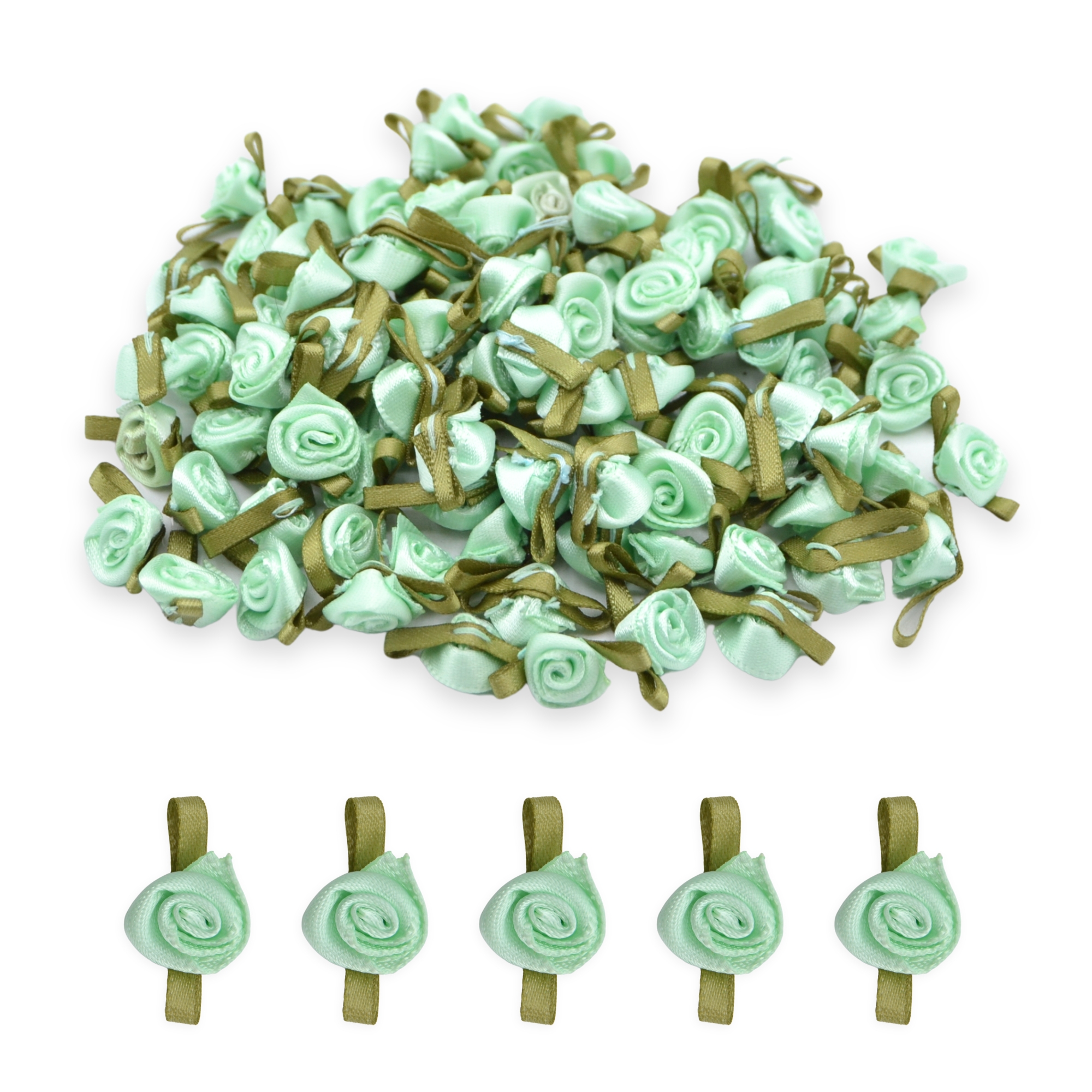 12mm Mint #513 with Green Leaves Satin Ribbon Roses