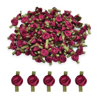 12mm Wine #275 with Green Leaves Satin Ribbon Roses