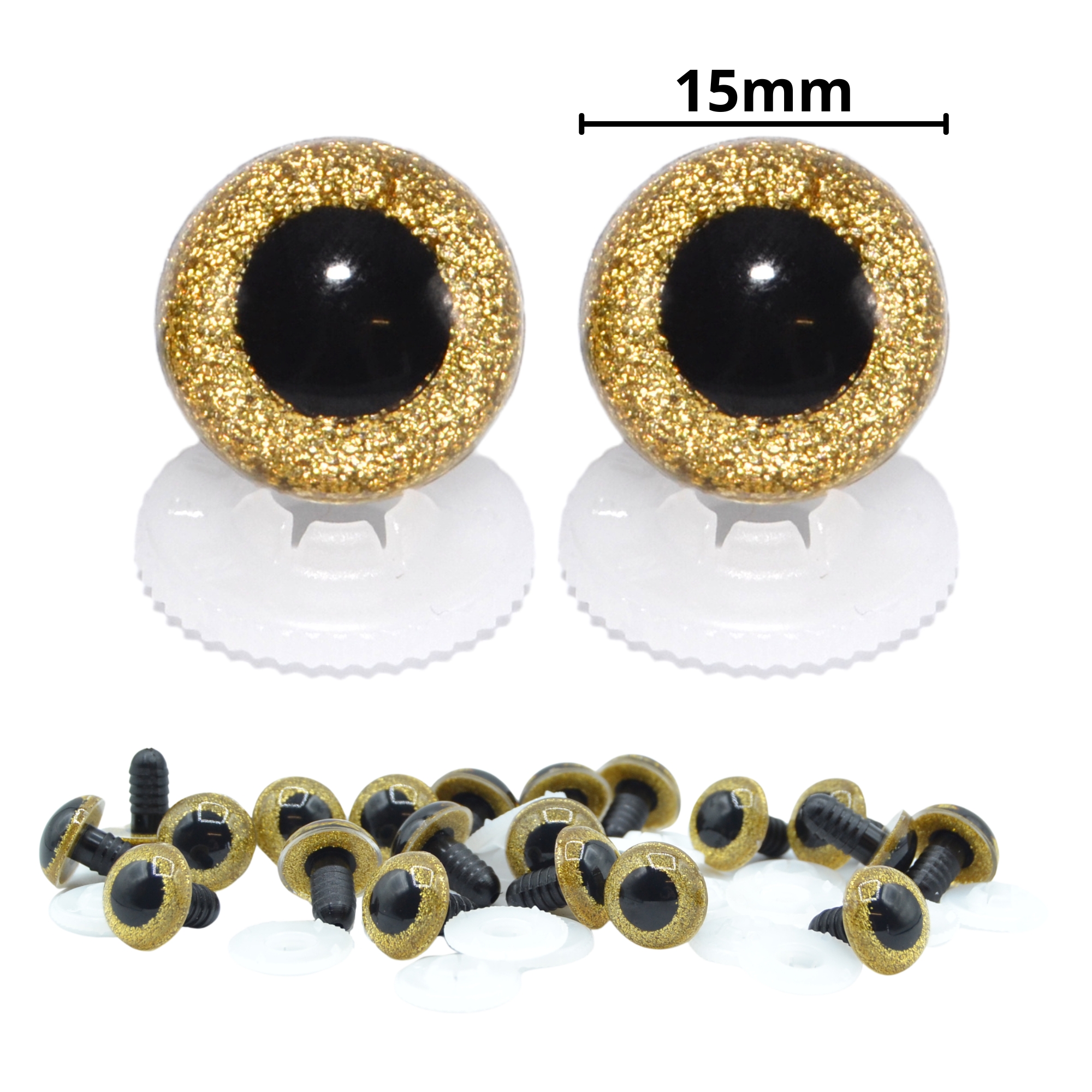 15mm Gold Glitter Eyes - Screw Type with Plastic Backs