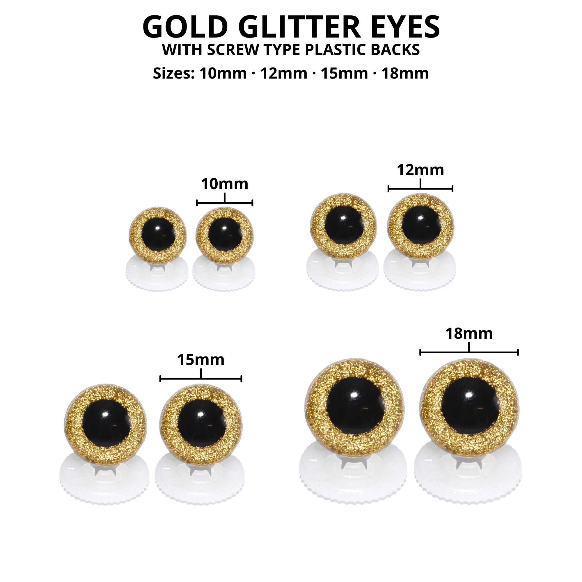 15mm Gold Glitter Eyes - Screw Type with Plastic Backs - Image 3