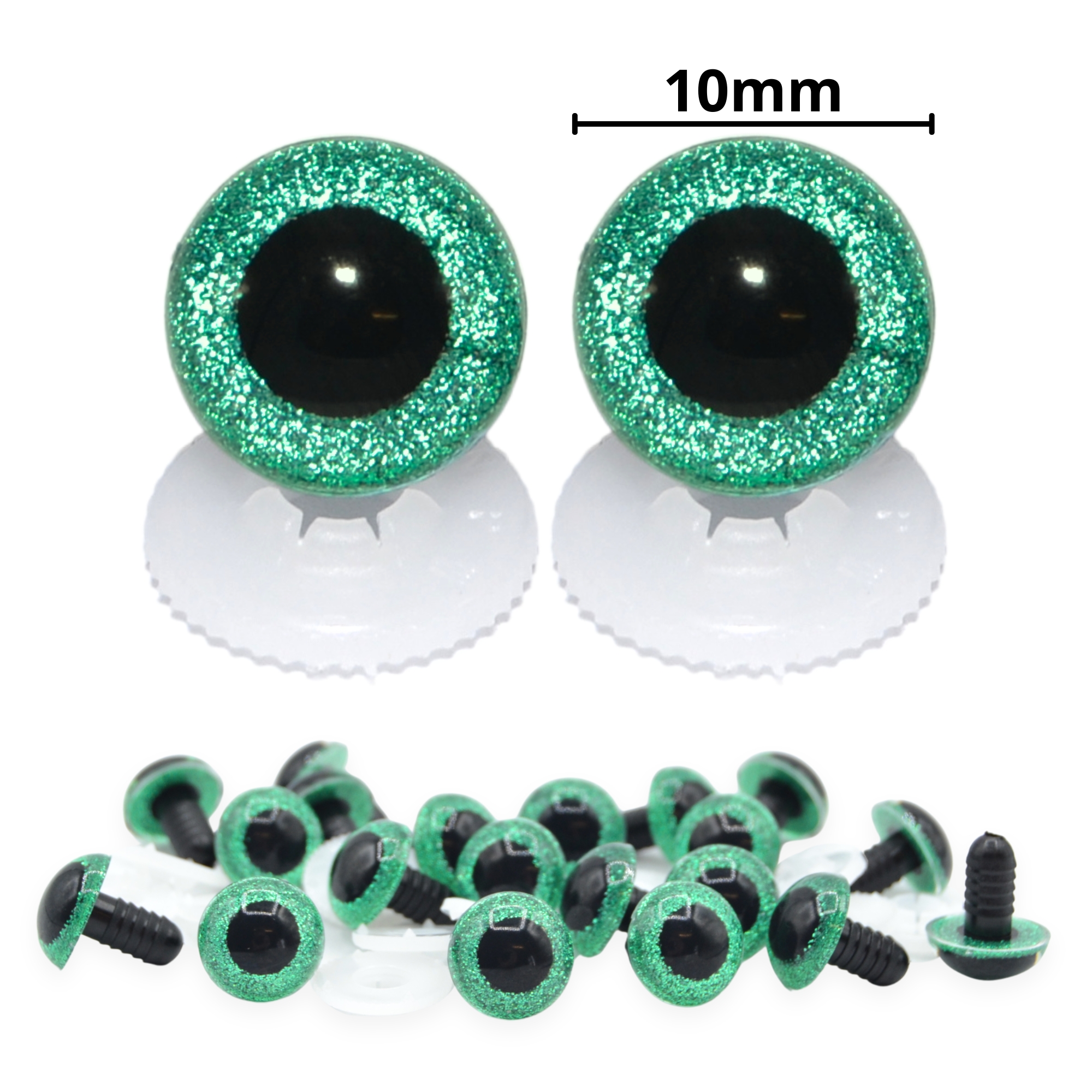 10mm Green Glitter Eyes - Screw Type with Plastic Backs