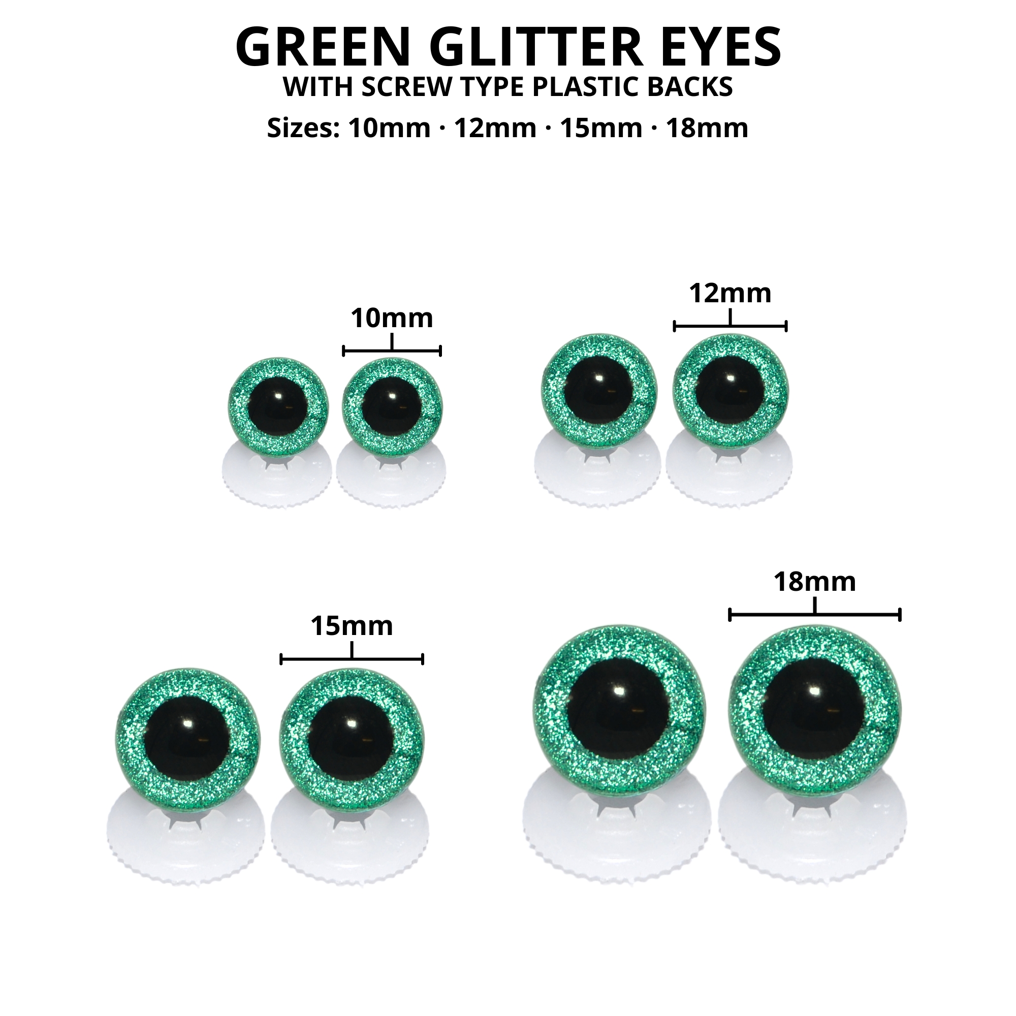 18mm Green Glitter Eyes - Screw Type with Plastic Backs - Image 3