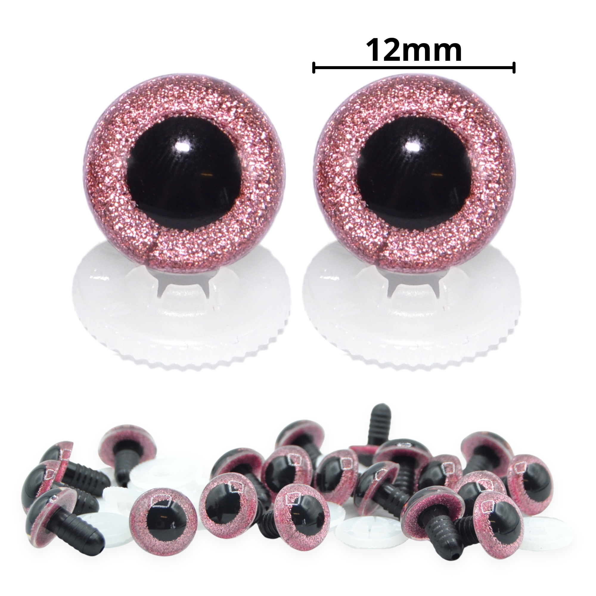12mm Pink Glitter Eyes - Screw Type with Plastic Backs