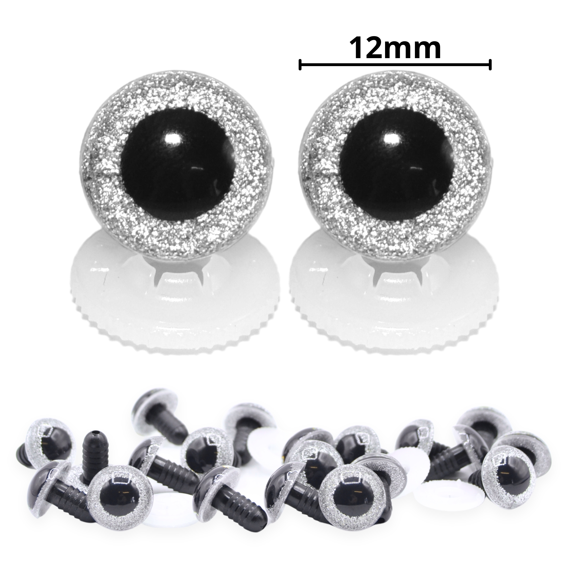 12mm Silver Glitter Eyes - Screw Type with Plastic Backs