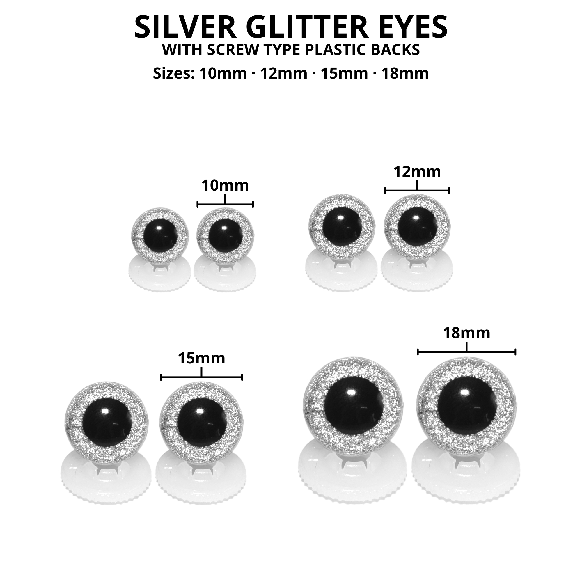 12mm Silver Glitter Eyes - Screw Type with Plastic Backs - Image 3