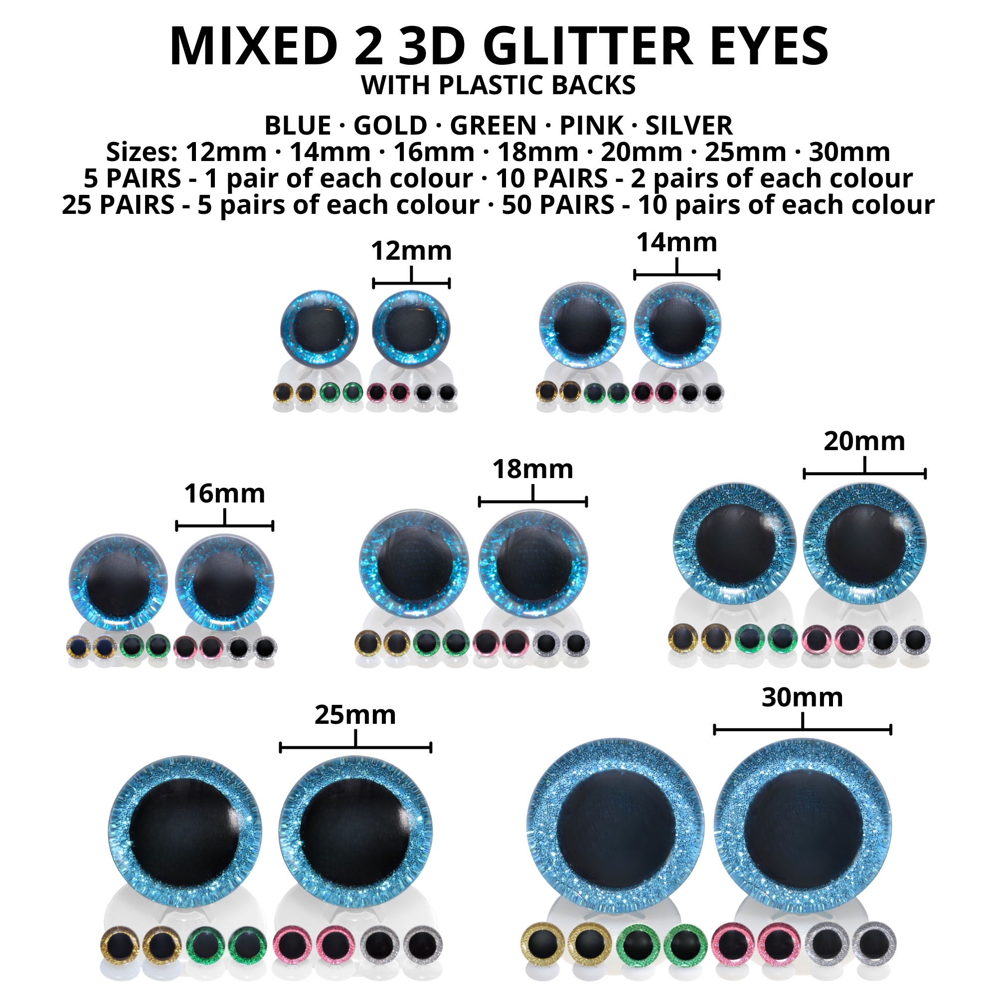 12mm Mixed 2 3D Glitter Eyes with Plastic Backs - Image 3
