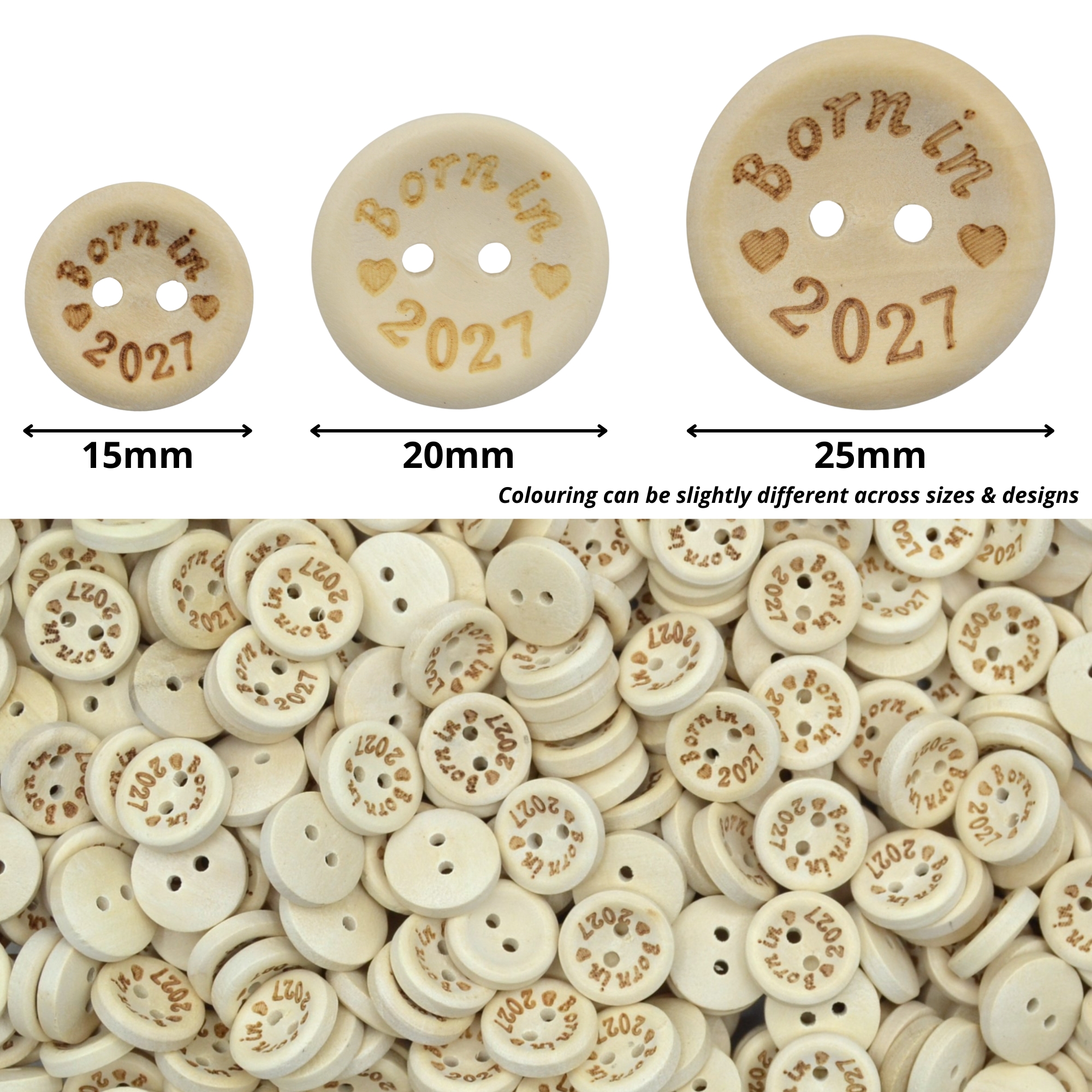 15mm Born in 2027 Printed Natural Wooden Buttons - Image 2