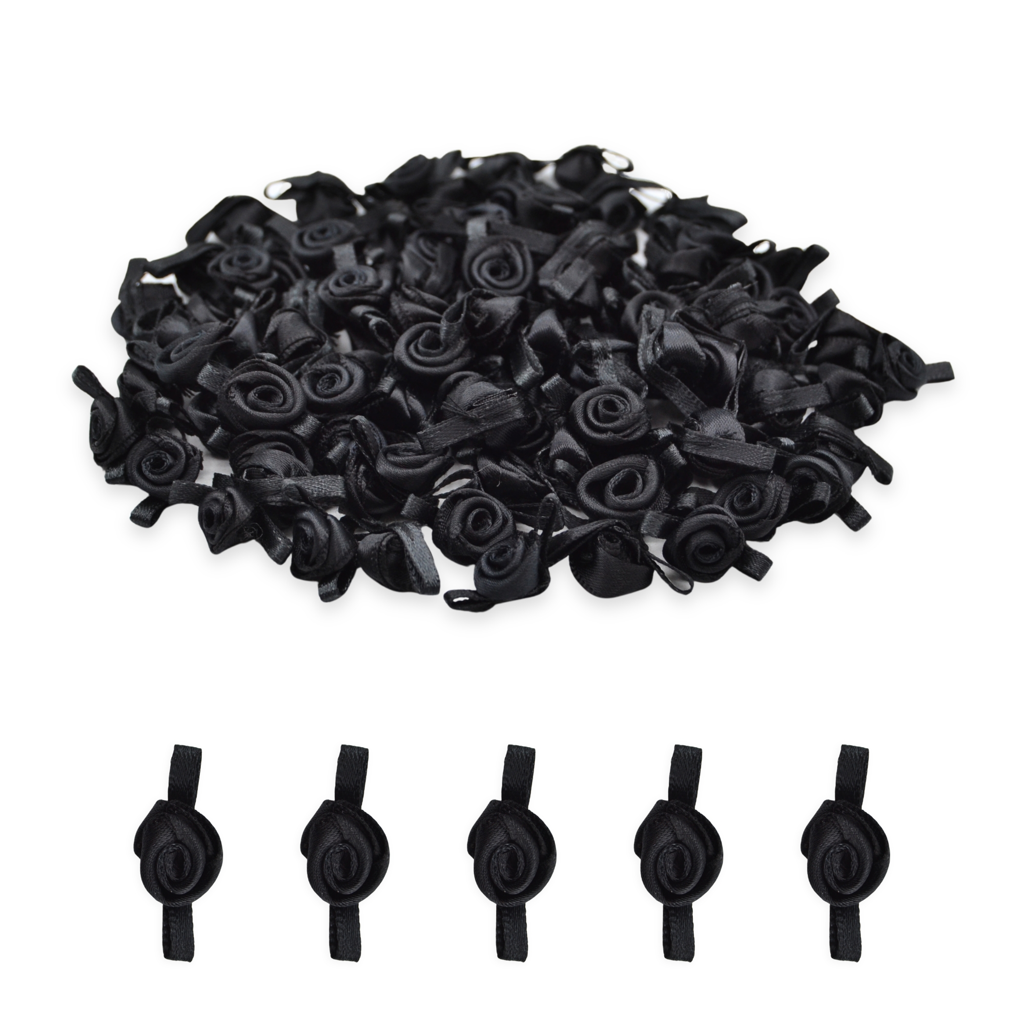 12mm Black Mono #030 with Black Leaves Satin Ribbon Roses