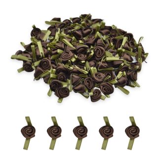 12mm Brown #850 with Green Leaves Satin Ribbon Roses