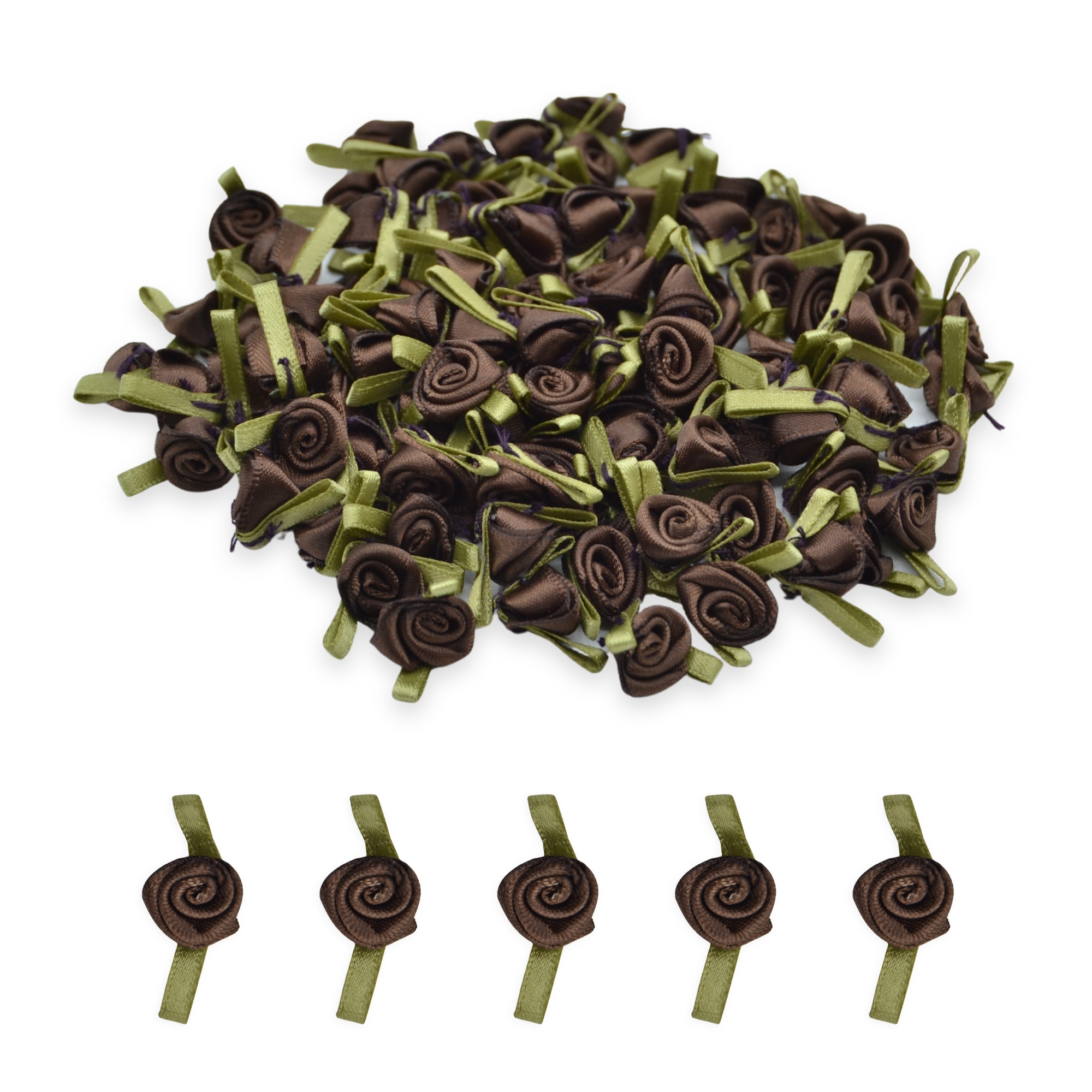 12mm Brown #850 with Green Leaves Satin Ribbon Roses