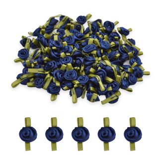 12mm Navy #370 with Green Leaves Satin Ribbon Roses