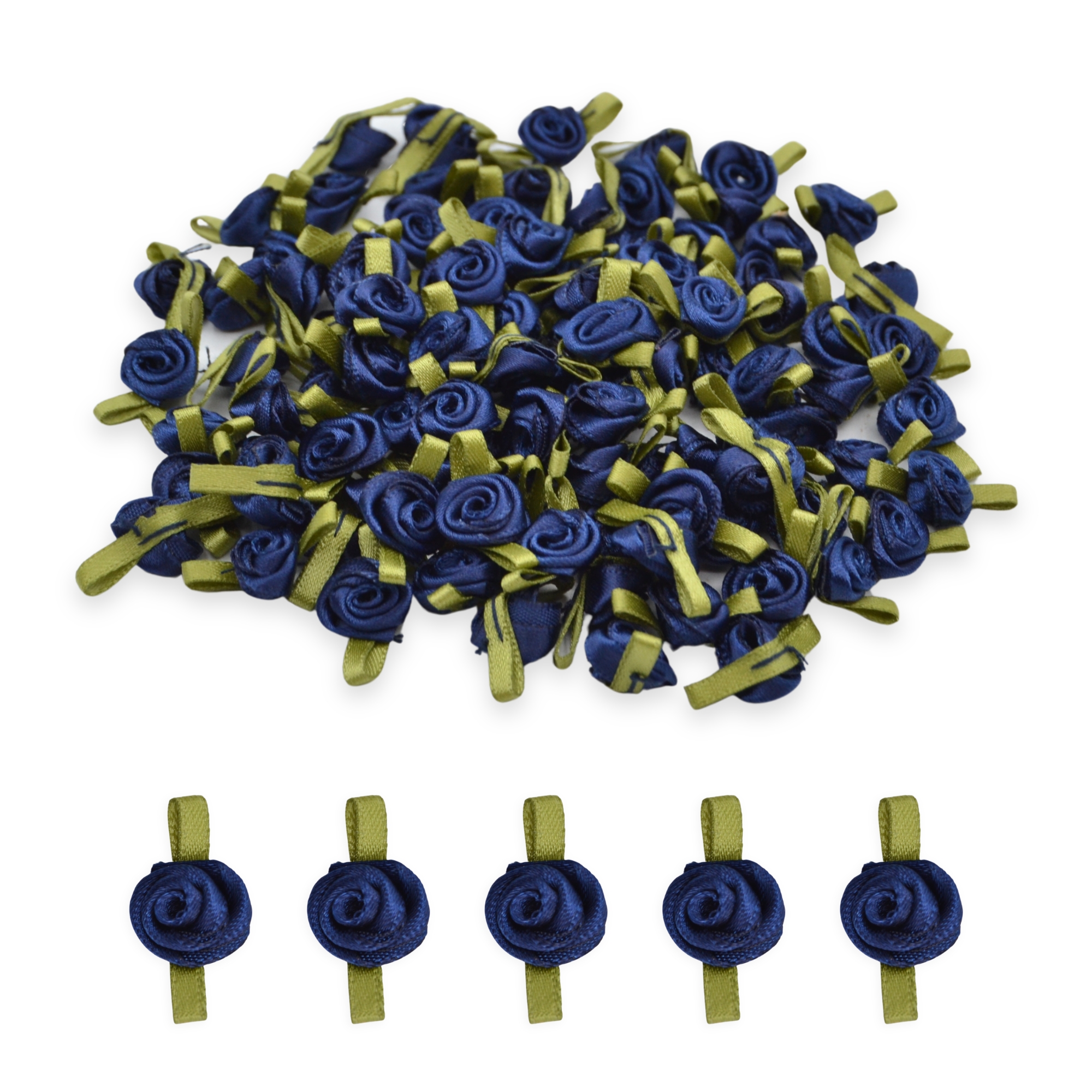 12mm Navy #370 with Green Leaves Satin Ribbon Roses