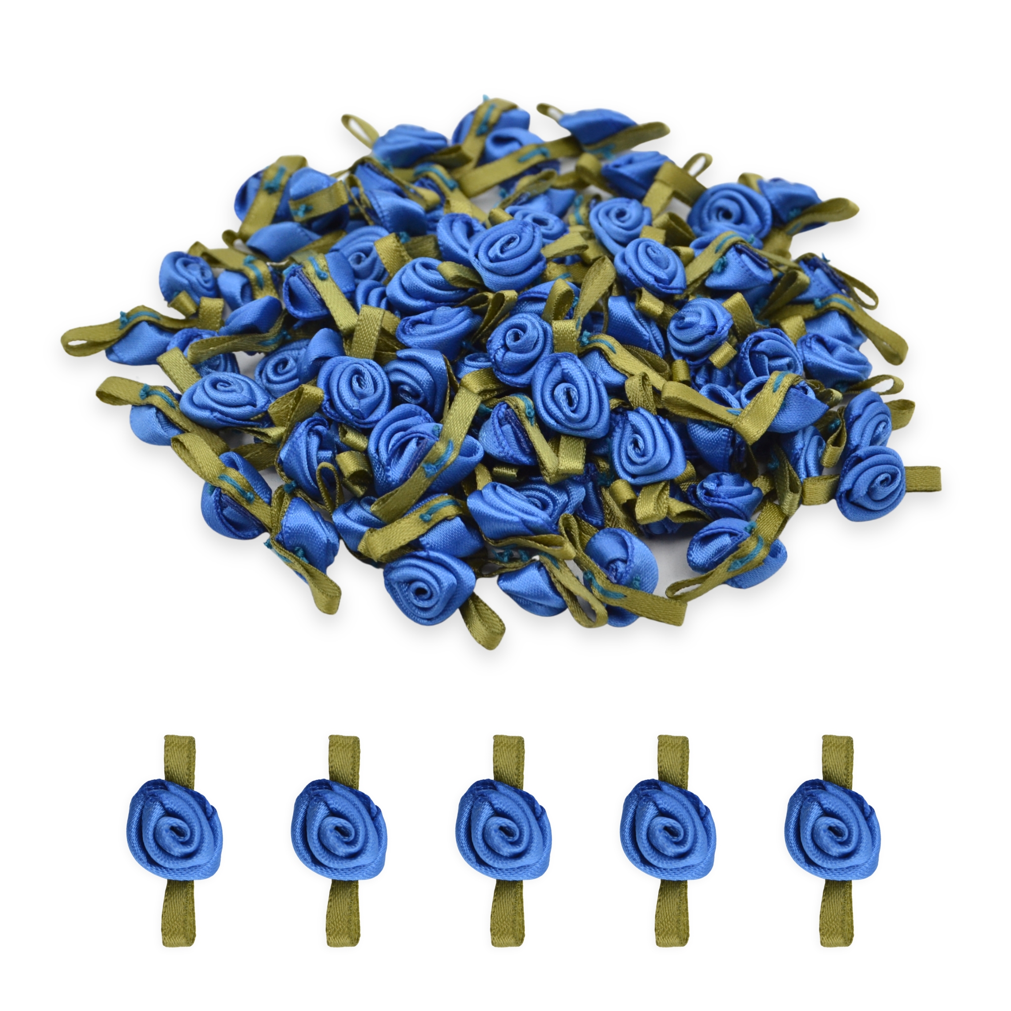12mm Royal Blue #350 with Green Leaves Satin Ribbon Roses