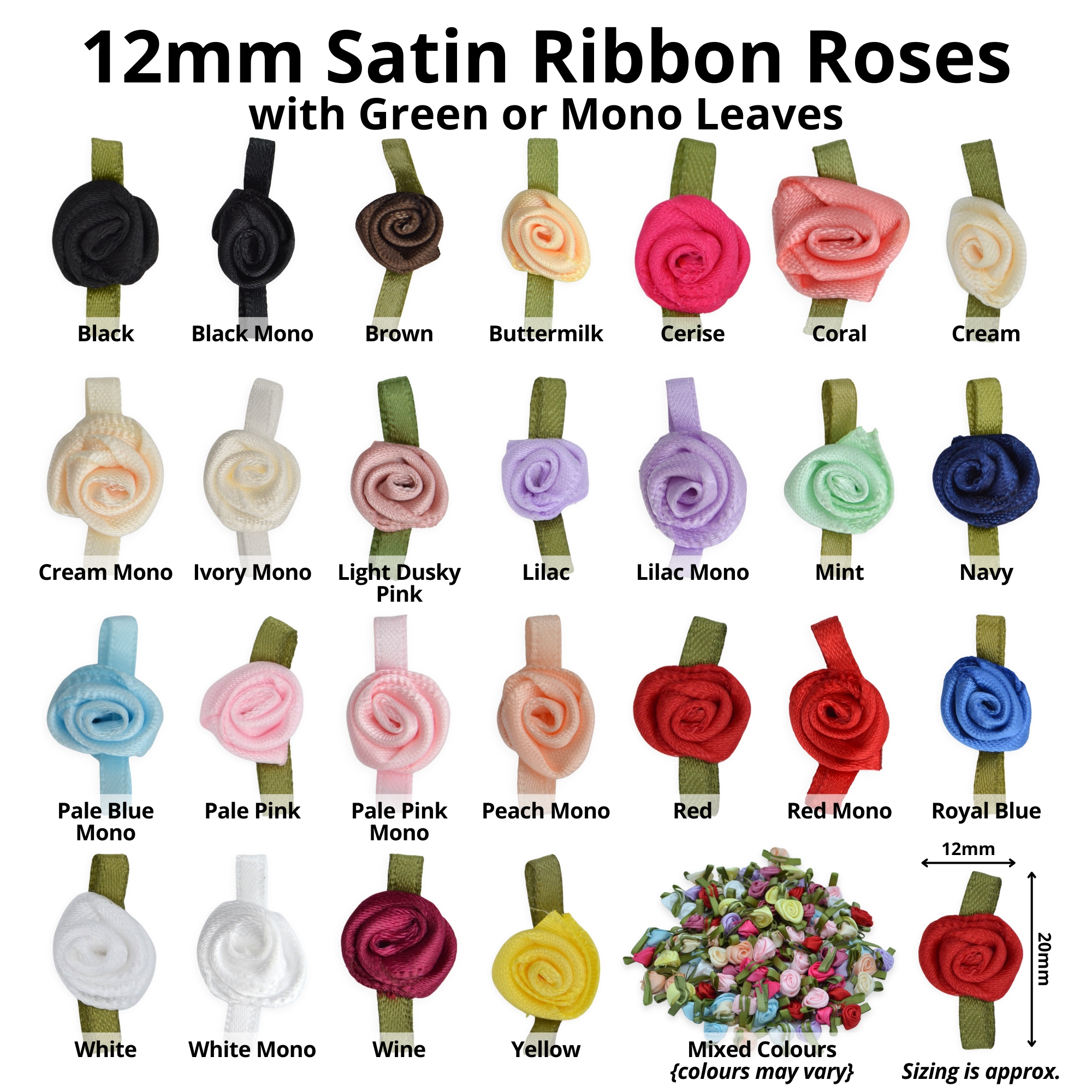 12mm Black Mono #030 with Black Leaves Satin Ribbon Roses - Image 2